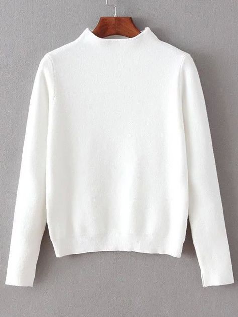 White Mock Neck Split Cuff Crop Knitwear  -SheIn White Mock Neck, Loose Crop Top, Long Sleeve Sweaters, White Pullover, Big Sweaters, Wool Shirt, Women Sweaters, Loose Pullover, Sweater White