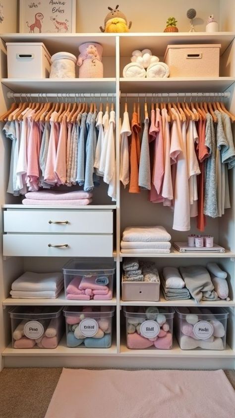 Transform your baby's closet into an organized haven by creating a closet organizer specifically for your baby's clothes. Implement a color-coded system and seasonal rotation to streamline outfit selection. With bins, baskets, or labeled hangers, you'll simplify dressing time significantly—but there's more to consider for optimal organization. Discover helpful tips below! 👇 #MomLife #PositiveParenting #ToddlerLifeStruggles Nursery Closet System, Baby Closet Shelves, Nursery Organization Tips, Childrens Closet Organization, Toddler Wardrobe Organisation, Baby Girl Closet Organization, Closet Baby Room, Toddler Clothes Organization, Baby Organization Ideas