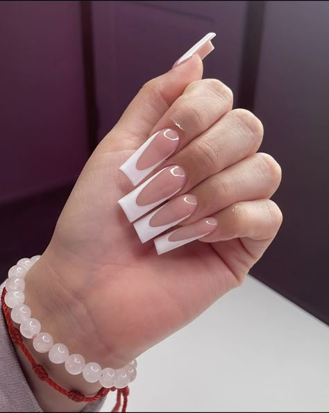 French Tips White Square, Frenchies Nails Medium, Basic Baddie Nails Medium, Basic Medium Nails, Medium Tapered Square Nails French Tip, Medium Long French Tip Nails, French Tip Acrylic Nails Medium Length, French Tip Acrylic Nails Medium, French Tip Nails Rhinestones