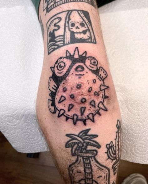 Pufferfish Elbow Tattoo, Animal Elbow Tattoo, Funny Fish Tattoo, Elbow Tattoos Mens, Ignorant Tattoo Design, Men’s Elbow Tattoo, Elbow Tattoo Men Traditional, Elbow Filler Tattoo, Cool Fish Tattoo