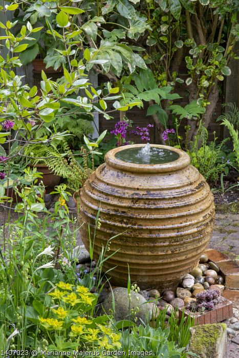 Circle Water Feature, Water Feature Under Tree, Urn Water Fountain, Raised Water Feature, Spanish Water Feature, Bubbling Water Feature, Pottery Water Feature, Urn Water Feature, Pot Water Feature