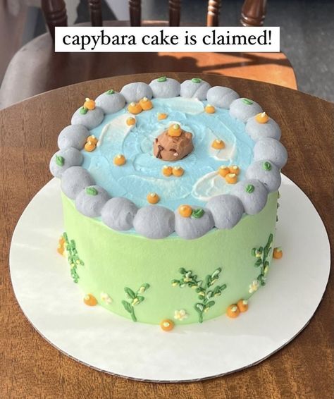 Nanalan Cakes, Capybara Cake Ideas, Capybara Birthday Cake, Cute Animal Cakes, Birthday Cake Bear, Goldfish Cake, Capybara Cake, Pond Cake, Duck Cake