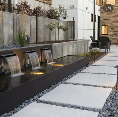 Water Feature Against Wall, Residential Water Feature, Waterfall Wall Outdoor Landscape Design, Water Falls Backyard, Landscape Water Features, Modern Landscaping Front Yard, Villa Landscape, Outdoor Landscape Design, Water Feature Wall