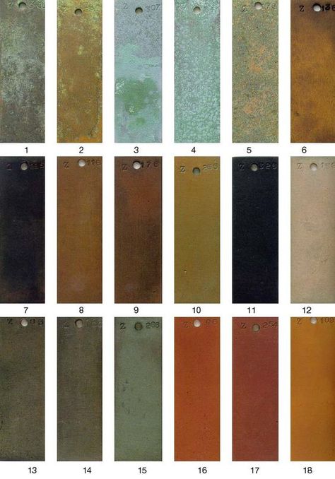 Bronze Patina Color Chart | PATINA FINISHES:: Copper Colour Palette, Patina Paint, Metal Facade, Patina Metal, Patina Copper, Metal Cladding, Patina Color, Material Library, Ocean Design