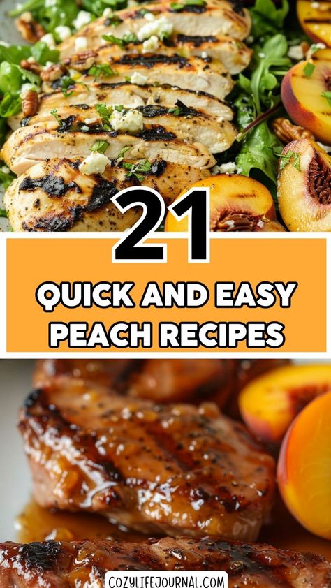 21 quick and easy peach recipes, including grilled chicken with peaches and a glazed meat dish. Peach Dishes Recipes, Peach Recipes Dinner, Can Peaches Recipes, Peaches Recipes, Healthy Peach Recipes, Peach Dish, Refreshing Salads, Comfort Soup Recipes, Healthy Dinner Ideas