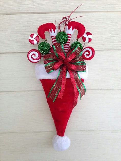 HOLIDAYSCHRISTMAS100 Door Hanger Christmas, Christmas Tree Napkins, Christmas Vases, Christmas Santa Hat, Red And White Christmas, Christmas Candle Decorations, Christmas Mesh Wreaths, Christmas Tablescape, Christmas Mantel Decorations