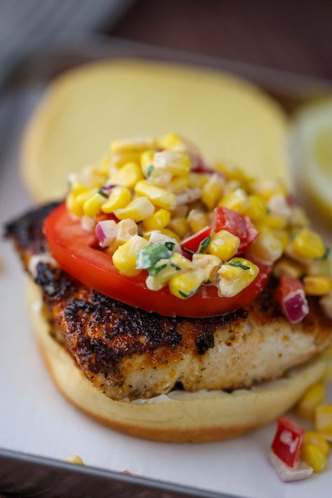 Mahi Mahi Sandwich Mahi Sandwich Recipe, Mahi Mahi Sandwich, Mahi Sandwich, Creamy Corn Salad, Blackened Mahi Mahi, Mahi Mahi Recipes, Blackened Seasoning, Creamy Coleslaw, Creamy Corn