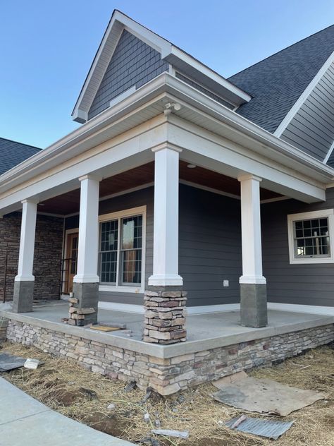 Update Round Porch Columns, Cottage Style Porch Columns, Wrapped Posts Columns, Posts In Front Of House, Front Porch White Columns, Deck Column Ideas, Pillars With Stone Base, Front Door Columns Entrance, Faux Columns Front Porches