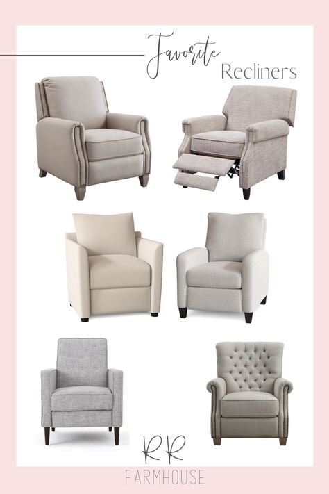 Farmhouse Sitting Area Chairs, Modern Farmhouse Living Room Chairs, Fabric Recliners In Living Room, Modern Recliner Chairs Living Room, Reclining Chairs In Living Room, Recliners In Living Room Decor, Modern Recliners In Living Room, Pretty Recliners, Relaxing Chairs Living Room