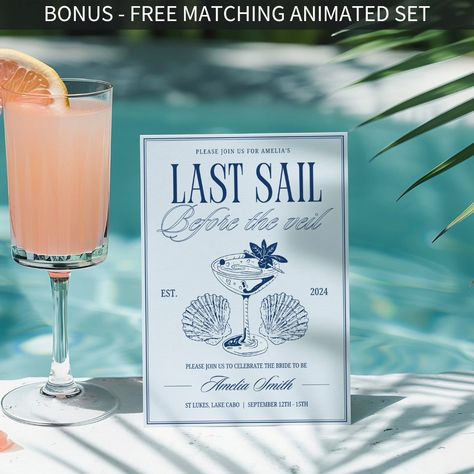 It's her last sail before the veil! 🍸🛳💍 Time to celebrate with this ocean inspired bach social club bachelorette weekend itinerary, for a hens party getaway like no other! This nautical bachelorette party invite set is easy to edit, ready for your sailor themed bachelorette party. Planning a sailing bachelorette party weekend for the beach loving bride to be just got easier! With these stunning bach social club themed bachelorette invitation & bachelorette weekend itinerary editable templa... Sailing Club Wedding, Sea Bachelorette Party, Ocean Bachelorette Party Beach Themes, Yacht Club Bachelorette, Beach Club Bachelorette Theme, Social Club Bachelorette, Hamptons Bachelorette Party Theme, Seaside Bachelorette Party, Boat Day Bachelorette Party