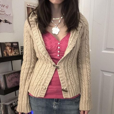 super adorable y2k early 2000s cardigan sweater by... - Depop 2000s Fall Fashion, Tie Cardigan Outfit, 2000s Cardigan, 2000s Sweater, Shade Of Brown, Y2k Cardigan, Fall Love, Y2k Early 2000s, Tan Cardigan