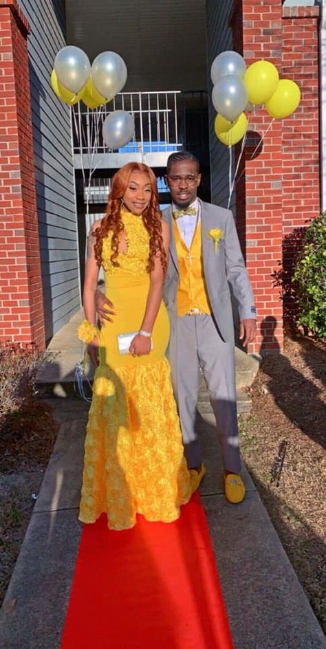 Yellow Prom Dress Couple, Prom Dress Couple, Light Pink Prom Dress, Yellow Prom Dress, Yellow Mermaid, Emerald Green Prom Dress, Dress Couple, Yellow Prom, Prom Dress Inspo