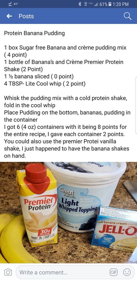 Banana Pudding Protein Shake Recipe, Banana Protein Pudding Recipe, Bariatric Banana Pudding, Premier Protein Banana Cream Recipes, Banana Premier Protein Shake Recipes, Bariatric Protein Pudding, Ww Premier Protein Recipes, Weight Watchers Banana Pudding, Pudding With Protein Shake