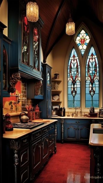 Photo gothic style kitchen | Premium Photo #Freepik #photo Gothic Style Kitchen, Home Decor Stairs, Classy Bedroom Decor, Gothic Kitchen, Coastal Farmhouse Kitchen, Decor Stairs, Light Blue Kitchens, Coastal Kitchen Design, Boho Dining Room