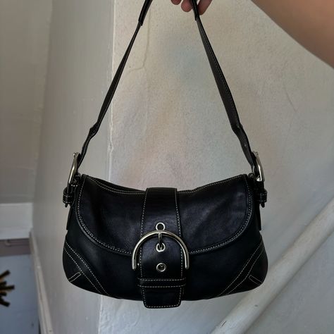 $160 free shipping 💌SOLD Y2K Coach Black Leather Soho Buckle Shoulder Bag - minor creasing on strap - interior has stain (pictured) - signature coach tan c’s interior lining - perfect staple for everyday use 🖤 Black Buckle Shoulder Bag, Coach Soho Bag Outfit, Coach Black Shoulder Bag, Coach Soho Bag, Black Coach Bag, Dream Wishlist, Coach Shoulder Bag, Black Shoulder Bag, Denim Bag