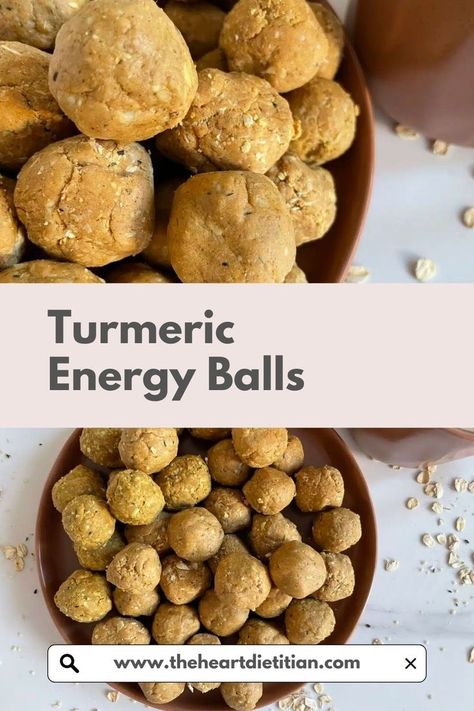 Pictured is two images of turmeric energy balls. The top is a closer up image, and the bottom is a bowl full of the energy balls with oats scattered around. Portfolio Diet, Turmeric Energy Balls, Low Cholesterol Snacks, High Fiber Snacks, Hemp Protein Powder, Pea Protein Powder, Energy Ball Recipe, Hemp Protein, On The Go Snacks