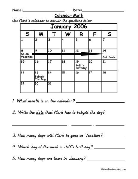 Calendar Math Worksheet | Lesson Planet Calendar Math Kindergarten, 1st Grade Calendar, First Grade Calendar, Kindergarten Calendar, Calendar Worksheets, Calendar Activities, Calendar Math, Have Fun Teaching, Classroom Calendar