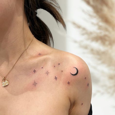 Look for the stars ✨ 💌 Booking open @skinarchitecture.tattoos Stars Spine Tattoos For Women, Birth Stars Tattoo, Moon And Stars Collar Bone Tattoo, Celestial Collar Bone Tattoo, I Move The Stars For No One Tattoo, Stars Tatoos Ideas, Caller Bones Tattoo, Night Themed Tattoo, Star Night Tattoo