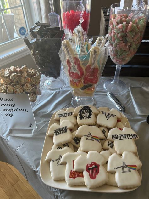 Two Year Old Rock Party, Rock N Roll Desserts, Rock Band Birthday Party Ideas, Rock And Roll Birthday Cookies, Rock Band Theme Party, Rocker Theme Party, One Rocks First Birthday Cookies, Being One Rocks Birthday, First Gig Birthday