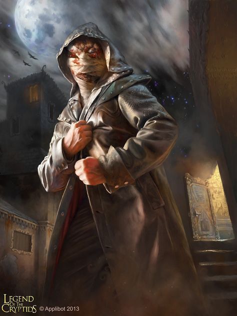 Artist: Simon Dominic - Title: Bandage Man Reg - Card: Unknown Bandaged Man Character Art, Creature Illustration, Legends Of The Cryptids, Simon Dominic, Town Inspiration, Delta Green, Legend Of The Cryptids, Vampire Art, Call Of Cthulhu