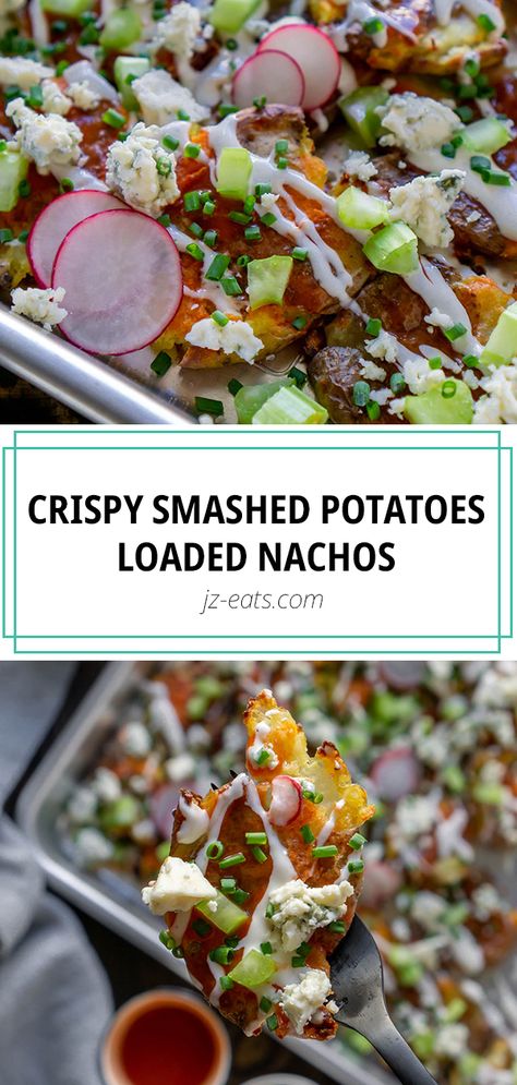 Crispy Smashed Potatoes are baked to crunchy perfection then loaded with the best buffalo nacho toppings. It's the best smashed potatoes recipe in the game! #smashedpotatoes #potatorecipes #vegetarianrecipes #gamedaysnacks #superbowlrecipes Loaded Smashed Potatoes, Potatoes Loaded, Nacho Toppings, Potato Nachos, Smashed Potatoes Recipe, Crispy Smashed Potatoes, Loaded Nachos, Potato Toppings, Delicious Appetizer Recipes