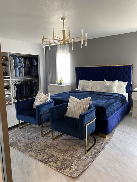 Navy Gold Bedroom, Royal Blue Bedrooms, Grey And Gold Bedroom, Blue And Gold Bedroom, Blue Headboard, Navy Blue Bedrooms, Silver Bedroom, Blue Bed, Blue Bedroom Decor