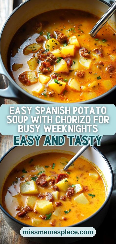 Looking for a quick and satisfying dinner? Try this Easy Spanish Potato Soup with Chorizo, ready in less than an hour! Packed with the robust flavors of smoky chorizo and creamy potatoes, this soup is a comforting bowl of goodness that’s both nutritious and delicious. The recipe is simple to follow and requires minimal prep, making it perfect for those hectic evenings. Serve with a sprinkle of fresh herbs and crusty bread for a delightful dining experience that your family will love. Chorizo Soup Recipes, Chorizo Recipes Dinner, Soup With Chorizo, Chorizo Potato, Spanish Soup, Chorizo Recipe, Chorizo Soup, Spanish Potatoes, Creamy Potatoes