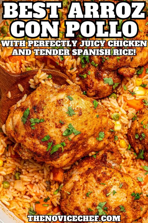 Ultra fluffy and packed with veggies, this tomatoey arroz con pollo with spicy rubbed chicken will become your new favorite dinner. Served on its own or topped with salsa, every bite is bursting with Mexican flavors. To make things easier, you can use shredded chicken or canned veggies, just don't tell anyone! Goya Chicken And Rice, Chicken Recipes Mexican Authentic, Spicy Rice Chicken Recipes, Chicken Spanish Recipes, Mexican Food Recipes Authentic Chicken, Mexican Chicken And Rice Skillet, One Pot Mexican Chicken And Rice, Chicken And Mexican Rice Recipe, Mexican Chicken Dinner Recipes