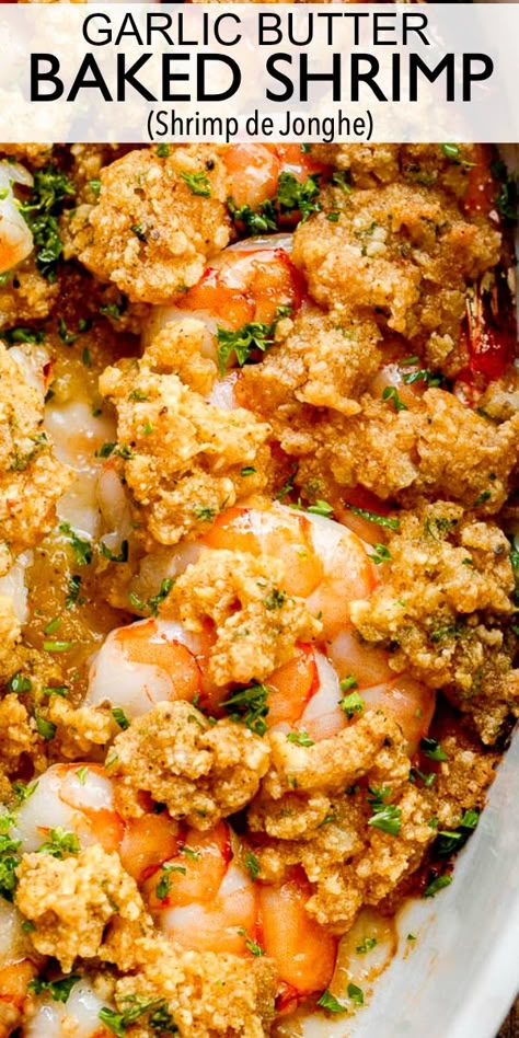 Shrimp de Jonghe, or Garlic Butter Baked Shrimp, is an unbelievably good vintage recipe! You're going to love this easy shrimp appetizer topped with herbed butter and baked to a flavorful perfection! #shrimp #appetizer Baked Jumbo Shrimp Recipes, Shrimp Dijon Recipes, Baked Shrimp Casserole Recipes, Baked Shrimp Casserole, Holiday Shrimp Recipes, Shrimp De Jonghe Recipe, Shrimp Dejonghe, Shrimp Dejonghe Recipe, Shrimp De Jonghe