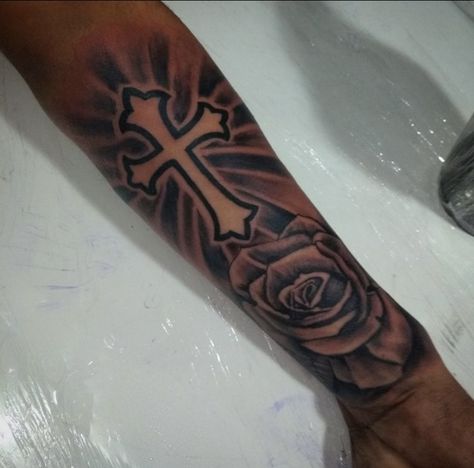 Tattoos With Cross For Men, Rip Hand Tattoos For Guys, Forarm Tattoos For Man Sleeve, God Forearm Tattoo Men, Cross Forearm Tattoo Men, Side Forearm Tattoo Men Ideas, Arm Tattoos Cross, Simple Leg Tattoos, Half Sleeve Tattoos Sketches