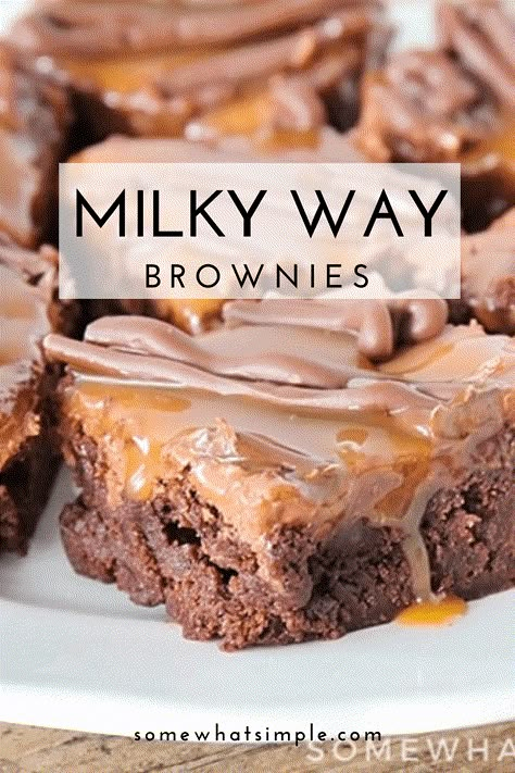 These Milky Way brownies are incredibly delicious and the perfect way to enjoy the flavors of your favorite candy bar in an amazing brownie. These brownies are rich and delicious and topped with caramel and milk chocolate. They're an indulgent treat for any chocolate lover! via @somewhatsimple Dessert Safari, Brownie Desserts Recipes, Brownies Cake, Brownies Recipe Homemade, Brownie Desserts, Dessert Bar Recipe, Brownies Recipe Easy, Sweet Recipe, Brownies Recipe