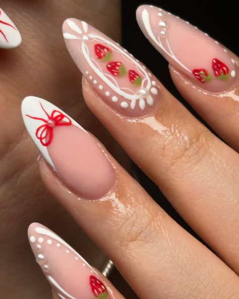 in lovee🥹🍓 . . . #nailart #nails #nailsofinstagram #nailaddict #naildesigns #naillove #strawberry #strawberrynails #whitenails #rednails Strawberry Nails Stiletto, Chocolate Covered Strawberries Nails, Nails Strawberry Design, Strawberry Shortcake Inspired Nails, Strawberry Theme Nails, Strawberry Themed Nails, Strawberry Almond Nails, Nail Page Ideas, Cute Strawberry Nails