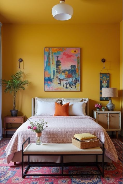 Eclectic bedroom with mustard yellow wall and colorful decor All Yellow Room, Ochre Bedroom Walls, Mustard Walls Bedroom, Mustard Bedroom Walls, Yellow Walls Bedroom Ideas, Yellow Feature Wall, Mustard Yellow Bedroom Ideas, Yellow Room Ideas, Yellow Room Aesthetic