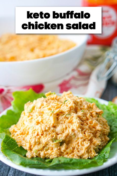 white plate with shredded keto buffalo chicken salad and text Low Carb Buffalo Chicken Salad, Carnivore Chicken Salad Recipe, Keto Buffalo Chicken Salad, Arbys Chicken Salad, Keto Chicken Salad Recipe, Lowcarb Meals, Using Leftover Chicken, Shredded Chicken Salads, Low Carb Salad Dressing