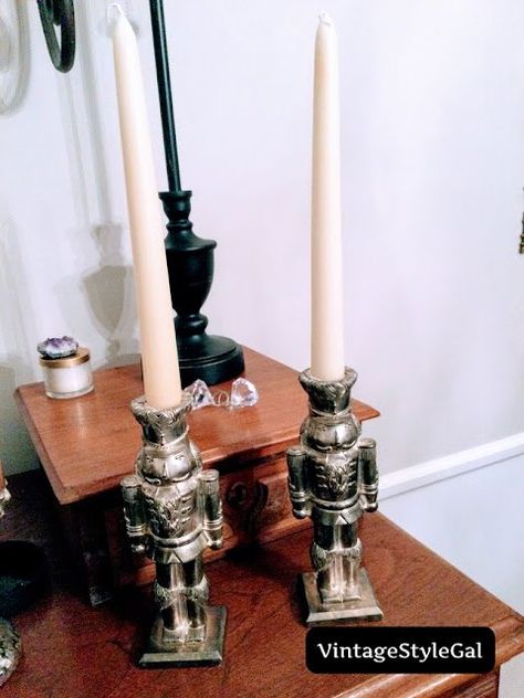 Searching for how to hold taper candle in place? We found a way to hold our taper candles in place with these cute as a button candlesticks! Ahh... finally standing straight in their candlesticksHave you ever picked up candlesticks where your candle is too small for the candlestick? Your candle does a bit of a leaning trick like you see below... well, I was stymied for a minute, and then I had a wonderful idea to fix this problem! Leaning tower of PisaMr. VS picked up a buffet and… Candle Hack, Pillar Candle Stand, Standing Straight, Black Candlesticks, Flameless Taper Candles, Holding Candle, Long Candles, Tall Candlesticks, Vintage Nutcrackers