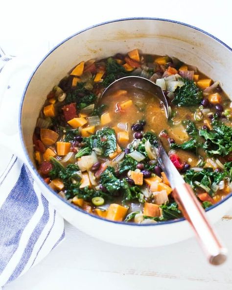 Sweet Potato Kale Soup, Potato And Kale Soup, Potato Kale Soup, Easy Dutch Oven Recipes, Sweet Potato And Kale, Sausage And Kale Soup, A Couple Cooks, Sweet Potato Kale, Meatless Monday Recipes