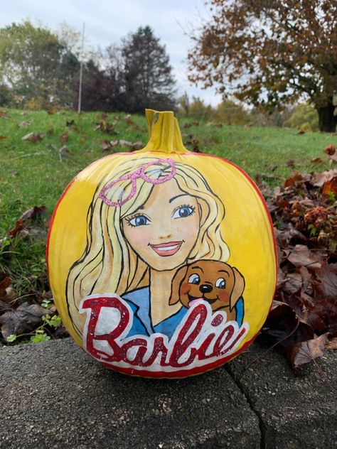 Barbie Painted Pumpkins, Barbie Pumpkin Painting Ideas, Barbie Pumpkin Painting, Barbie Pumpkin Decorating, Barbie Pumpkin, Painting Barbie, Glitter Barbie, Disney Pumpkin Painting, Book Character Pumpkins