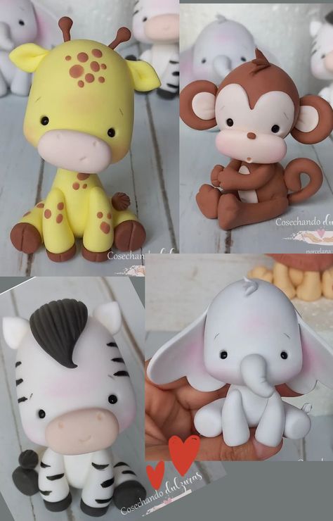 Safari Fondant Animals, Fondant Zoo Animals, Fondant Safari Animals Tutorial, Animal Theme Cake Without Fondant, Fondant Jungle Animals, Fondant Giraffe, Jungle Theme Cakes, Baby Shower Garcon, Safari Cake