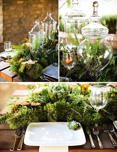 An Eco Forest Inspired Wedding Tablescape | Green Wedding Shoes Wedding Blog | Wedding Trends for Stylish + Creative Brides Moss And Fern Wedding Centerpieces, Terrarium Centerpieces, Natural Centerpieces, Woodland Terrarium, Purple Elements, Moss Centerpiece, Moss Centerpieces, Succulents Wedding, Bell Jars