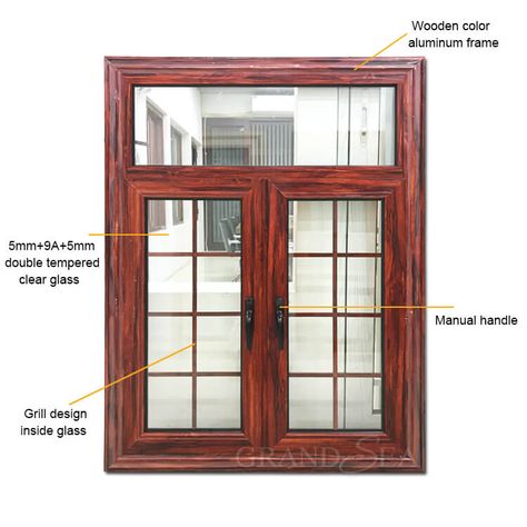 Wooden color aluminium casement window Double Casement Window, Window With Grill, Double Casement Windows, Front Window Design, Window Grill Design Modern, Wooden Window Frames, Casement Window, Window Grill Design, Window Grill