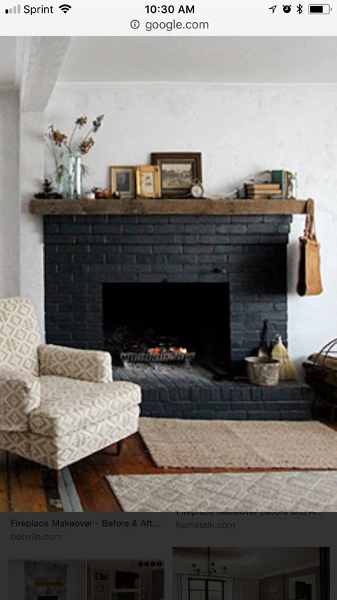 Black Fireplace Small Living Room, Charcoal Fireplace Brick, Painted Black Brick Fireplace, Dark Gray Fireplace Brick, Small Brick Fireplace, Painting Brick Fireplace Black, Wood Stoves Ideas, Wood Stoves Ideas Living Rooms, Brick Fireplace Black