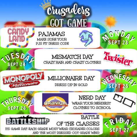 Board Game Spirit Week Ideas, Back To School Pep Rally Ideas, Board Game Spirit Week, Board Games Homecoming Theme, Homecoming Game Ideas, Homecoming Themes Ideas, Board Game Homecoming Theme, High School Homecoming Themes, Student Council Ideas Activities