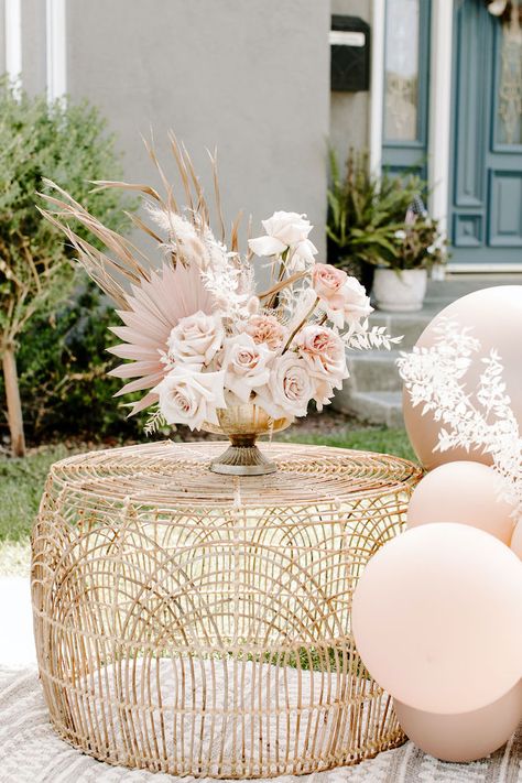 Kara's Party Ideas Muted Pink Boho Baby Shower | Kara's Party Ideas Boho Baby Shower Dress, Bridal Shower Ideas Pink, Boho Table Settings, Shiplap Backdrop, Boho Floral Arrangements, Pink Boho Baby Shower, Pastel Balloon Garland, Shower Vibes, 50 Shades Of Pink