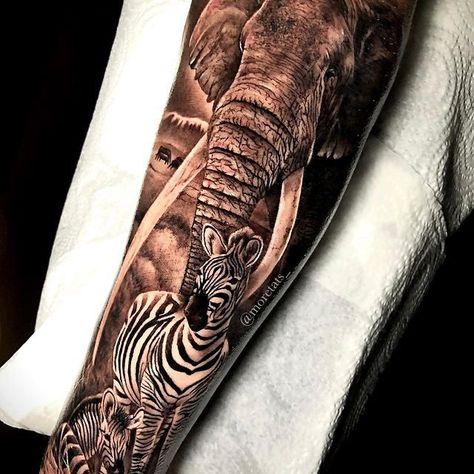 African Theme Sleeve Tattoo, African Theme Tattoo, Safari Theme Tattoo, Safari Tattoo Ideas, Safari Sleeve Tattoo, African Animal Tattoo, Safari Tattoo Design, Wild Life Tattoos, African Safari Tattoo