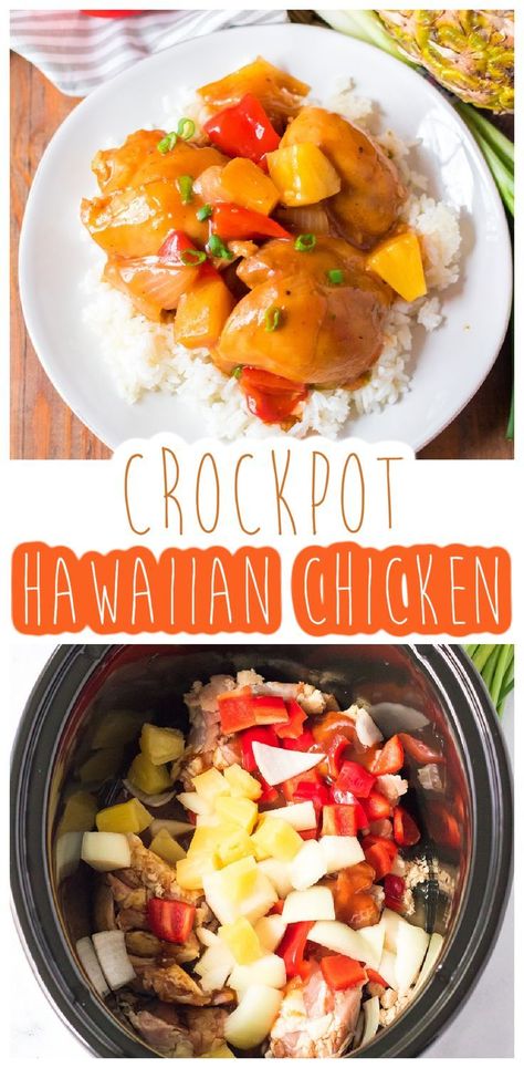 Crockpot Hawaiian Chicken - slow cooker hawaiian chicken meal idea using chicken thighs. Easy weeknight dinner idea for families. Hawaiian chicken is so yummy using pineapple and peppers. Slow Cooker Hawaiian Chicken, Hawaiian Chicken Crockpot, Sweet Hawaiian Crockpot Chicken Recipe, Hawaiian Chicken Recipes, Hawaiian Chicken, Easy Weeknight Dinner, Crockpot Dishes, Hawaiian Food, Crockpot Recipes Slow Cooker