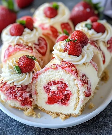 These Strawberry Shortcake Cheesecake Rolls are the perfect blend of creamy cheesecake filling and fresh strawberries, all wrapped up in a soft tortilla. Strawberry Cheesecake Roll Cake, Strawberry Shortcake Cheesecake Rolls, Strawberry Cheesecake Sweet Rolls, Individual Strawberry Cheesecake, Strawberry Sushi Roll Recipe, Strawberry Cake Roll With Cream Cheese, Strawberry Shortcake Cones, Strawberry Shortcake Cinnamon Rolls, Strawberry Cake Roll Recipe