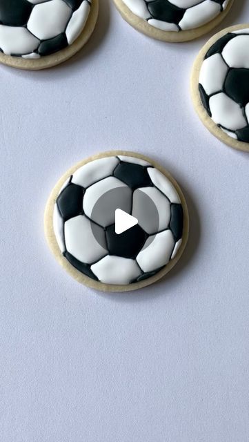 Kate Wojtkowski on Instagram: "Soccer ball Cookies ⚽️   #soccer #soccerballcookies #sugarcookies" How To Make Soccer Ball Cookies, Soccer Ball Cookies Decorated, Soccer Ball Sugar Cookies, Soccer Cookies Decorated, Soccer Cupcake Ideas, Soccer Sugar Cookies, Soccer Ball Cookies, Soccer Party Food, Soccer Cookies