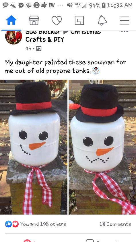 Propane Bottle Art, Propane Tank Snowman, Christmas Propane Tank Art, Hay Bale Decorations, Propane Tank Art, Propane Tanks, Paint Crafts, Tank Art, Helium Tank