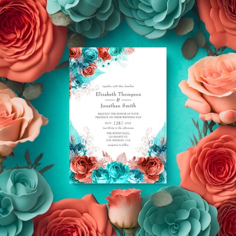 Turquoise and coral watercolor roses and iridescent tropical foliage wedding invite designed to be quickly and easily customized to your event specifics. Mermaid Wedding Color Scheme, Coral And Turquoise Wedding Colors, Torquise Wedding Theme, Turquoise Wedding Theme Ideas, Coral Decorating Ideas, Turquoise And Peach Wedding, Teal And Peach Wedding, Beach Wedding Color Schemes, Turquoise And Orange Wedding