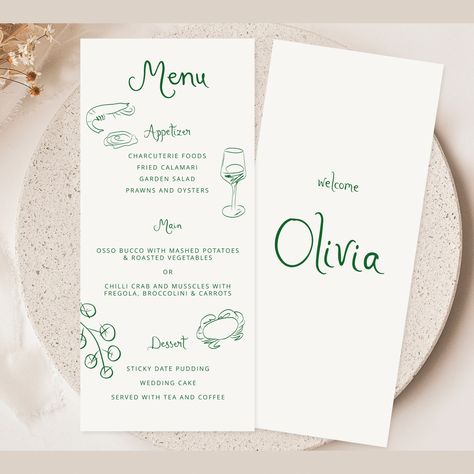 Menu and Name Card Place card Wedding Template, Hand drawn line art illustrated wedding party food menu, Whimsical wedding menu bow scribble Minimalist Wedding Menu Template, Modern Script Wedding Dinner Menu, Printable, Digital Download, Reception Dinner Menu Editable This is a INSTANT DOWNLOAD Do it your self template. You will receive an email with a link to your template - this is automatically sent and may take a few minutes to process. Follow the link to the template, edit online in Corjl Wedding Table Setting With Menu Card, Simple Name Place Cards Wedding, Minimalist Menu Wedding, Menu With Place Card Attached, Wedding Menu Italian, Wedding Menu Aesthetic, Diy Dinner Menu Cards, Wedding Menu On Table, Menu Cards For Wedding